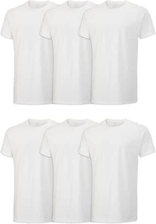 A six-pack of plain white crew neck t-shirts arranged in two rows, ideal as a base layer for DIY Halloween costumes for guys or casual everyday wear. Each shirt is short-sleeved with a simple, classic fit.