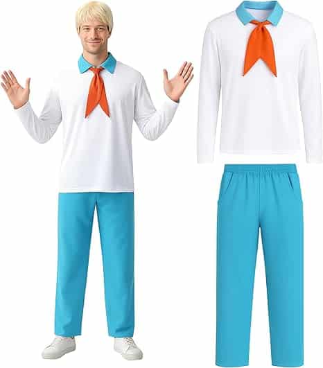 Man dressed as Fred Jones from *Scooby-Doo*, wearing a white long-sleeve shirt with a blue collar and orange neckerchief, paired with light blue pants and white sneakers. This classic cartoon outfit is a clean-cut and nostalgic option for Halloween costumes for guys who want to join the Mystery Inc. crew.