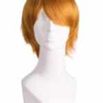 Image of a short, layered orange-red wig displayed on a mannequin head, featuring side-swept bangs for a casual yet stylish look. This versatile wig is a great accessory for **halloween costumes red hair**, suitable for characters with a youthful or animated appearance.