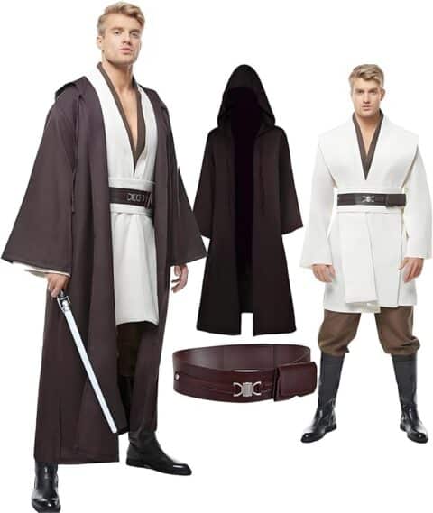 A Jedi-inspired costume set featuring a white tunic, brown cloak, matching belt, brown pants, tall black boots, and a lightsaber prop. Perfect for sci-fi fans looking for heroic Halloween costumes for guys with a galactic twist.