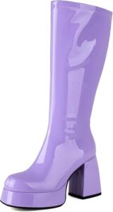 Image of a shiny lavender knee-high platform boot with a chunky heel and glossy finish. This bold accessory is perfect for **halloween costumes red hair**, completing retro-inspired looks or vibrant character outfits with a fun, vintage twist.