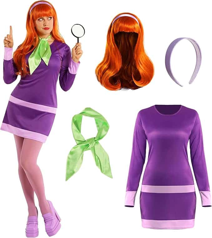 Daphne Blake costume set from *Scooby-Doo*, featuring a purple dress with light pink trim, a green scarf, orange wig with headband, and matching accessories. While typically worn by women, this bold and recognizable look can be a fun and creative twist for Halloween costumes for guys who want to gender-bend or cosplay as part of the Mystery Inc. gang.
