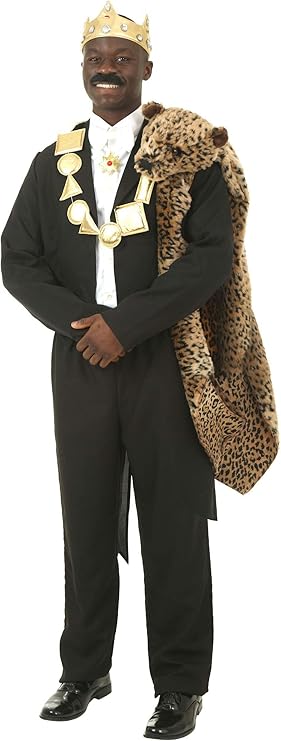 Prince Akeem Coming To America Costume For Men Image of a man dressed in a regal black suit with a gold crown, ornate necklace, and a luxurious leopard-print cape draped over his shoulder. This royal-inspired outfit is an excellent choice for **Black man Halloween costume ideas**, perfect for portraying a king or iconic movie royalty.