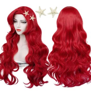 Image showing a long, wavy red wig styled with two starfish hair clips, displayed from both the front and back. This vibrant accessory is perfect for mermaid or fantasy-inspired **halloween costumes red hair** looks, adding a bold and eye-catching touch to any costume ensemble.