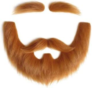 A fake red hair facial set including a full beard, thick mustache, soul patch, and bushy eyebrows. Perfect for Halloween costumes featuring red hair characters like lumberjacks, dwarves, or Viking warriors.