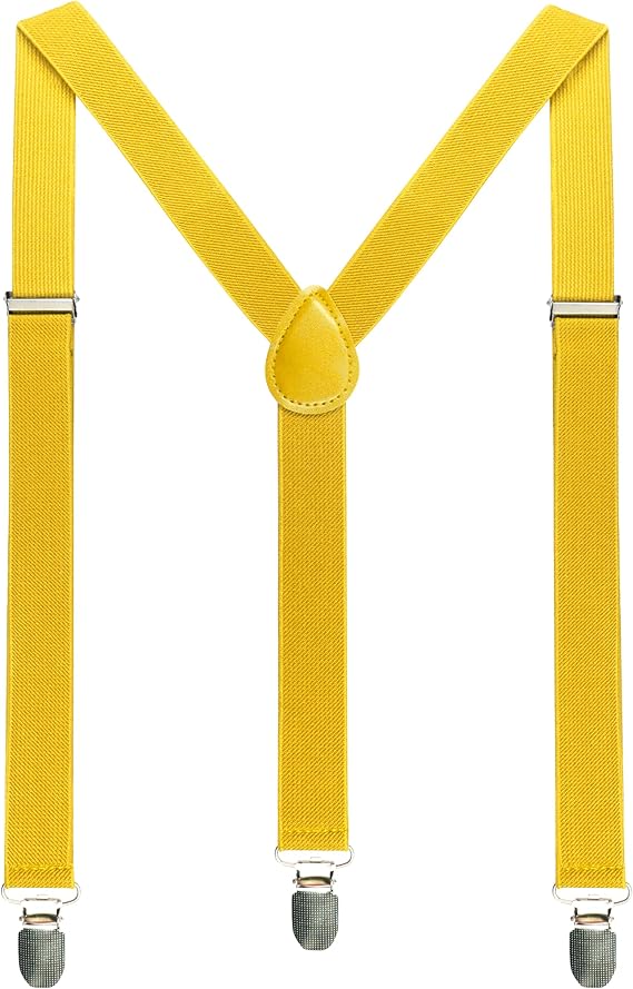 Solid Color Mens Suspender Image of bright yellow suspenders with adjustable straps and metal clips. These accessories are great for **Black man Halloween costume ideas**, perfect for completing retro, funky performer, or comedic character outfits.