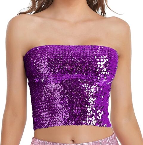 Image showing a shiny purple sequin tube top, perfect for pairing with a mermaid skirt or bold accessories. This sparkly outfit piece works great for **halloween costumes red hair**, especially for creating an ocean-inspired or glamorous party look.