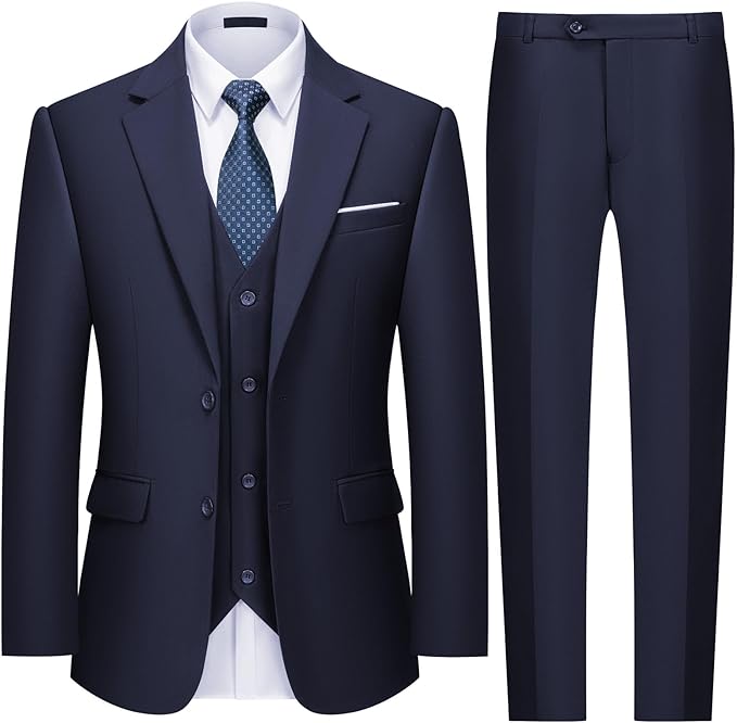 Suits Slim Fit Tuxedo Set Image of a sleek dark navy three-piece suit with a matching tie and white dress shirt. This sophisticated outfit fits perfectly with **Black man Halloween costume ideas**, great for characters like secret agents, suave villains, or stylish movie icons.