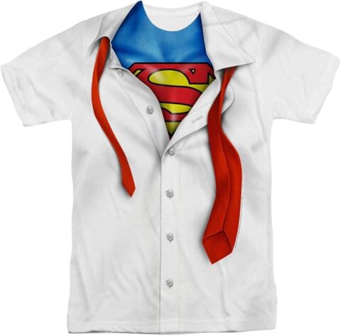 A graphic t-shirt designed to look like a white button-down shirt opening to reveal the Superman logo underneath, with a printed red tie hanging loose on each side. This clever design offers a quick and comfortable option for superhero-themed Halloween costumes for guys.