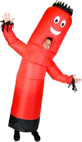 Here’s the alt text with your keyword included naturally:
Inflatable red tube man costume with a smiling face design and black fringe details, worn by a person posing playfully. This hilarious outfit is one of the most attention-grabbing halloween costumes for guys, perfect for parties or fun group events.