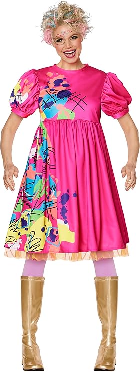 Image of a woman wearing a bright pink retro-style dress with colorful splatter patterns, puff sleeves, pink tights, and gold knee-high boots. This vibrant outfit is ideal for **Barbie Halloween Costumes for Adults**, capturing a playful and nostalgic 80s-inspired Barbie look perfect for costume parties and Halloween events.