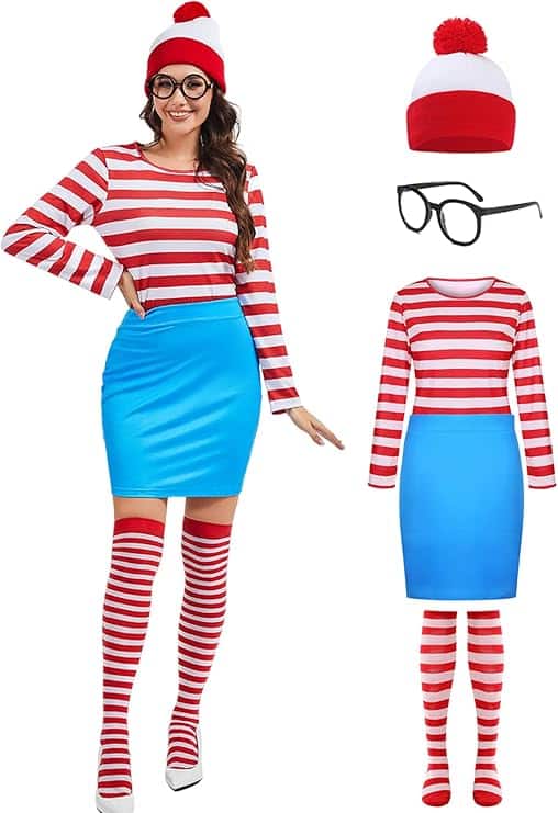 Woman wearing a red-and-white striped long-sleeve top, blue skirt, matching striped thigh-high socks, round black glasses, and a red-and-white beanie with a pom-pom, styled as a female version of Waldo from *Where's Waldo?*. Though designed for women, this fun and colorful outfit could inspire creative takes on Halloween costumes for guys who want to coordinate or gender-swap the classic character.