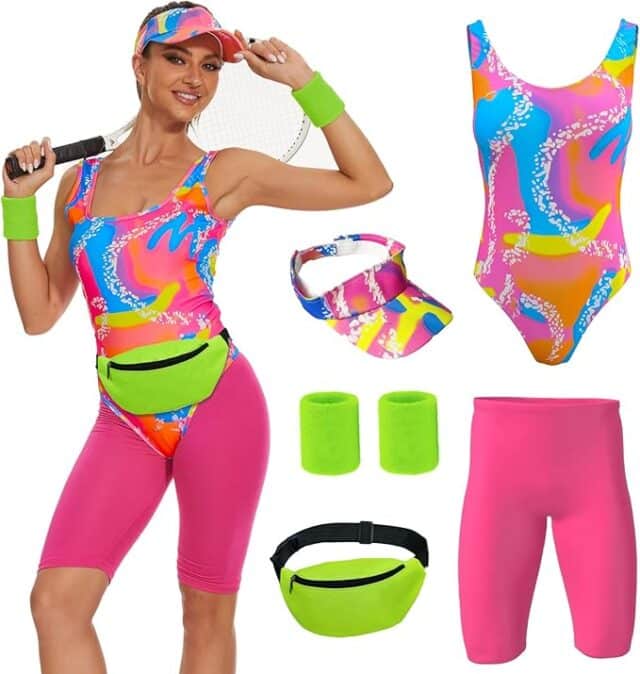 Image of a colorful 80s-inspired athletic outfit featuring a vibrant swirl-patterned bodysuit, pink biker shorts, neon green fanny pack, wristbands, and a matching visor. This energetic and retro look is ideal for **Barbie Halloween Costumes for Adults**, channeling sporty Barbie style for Halloween parties, themed events, or fun costume nights.
