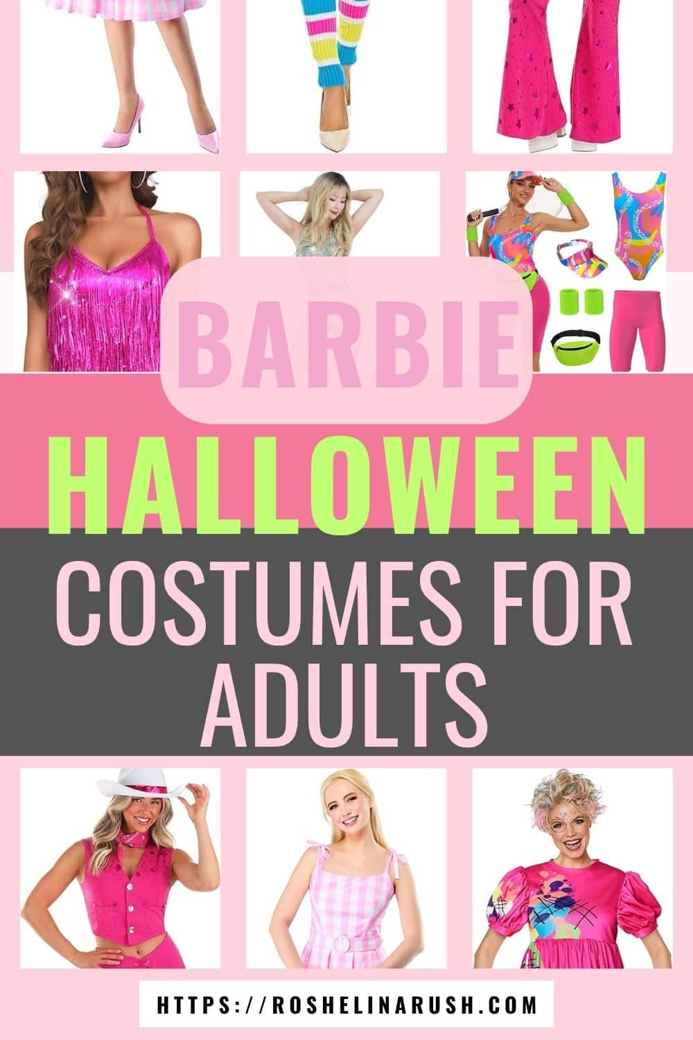 Image collage featuring multiple stylish pink outfits, including retro dresses, sporty bodysuits, disco jumpsuits, and cowgirl attire, all themed around Barbie-inspired fashion. The text overlay reads “Barbie Halloween Costumes for Adults,” showcasing a variety of fun and glamorous looks perfect for anyone wanting to dress up in Barbie style for Halloween parties or themed events.
