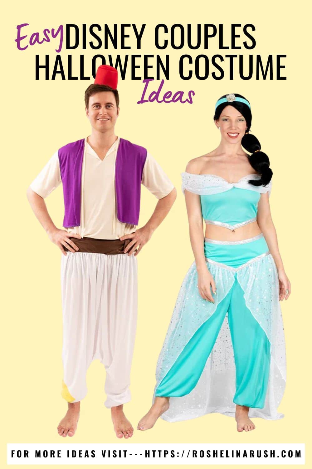 A couple dressed as Aladdin and Jasmine, with Aladdin wearing a red fez, purple vest, and white harem pants, and Jasmine in a sparkly turquoise crop top and matching pants with sheer overlays. These easy Disney couples Halloween costume ideas are playful and instantly recognizable for themed parties or trick-or-treating.