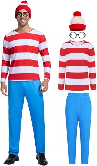 Man dressed as Waldo from *Where's Waldo?*, wearing a red-and-white striped long-sleeve shirt, blue pants, round black glasses, and a red-and-white beanie with a pom-pom. This iconic look is instantly recognizable and a playful choice for Halloween costumes for guys who enjoy a classic and quirky disguise.