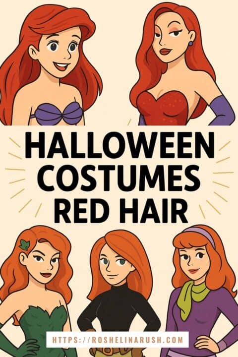 Illustrated graphic showcasing five female characters with red hair as Halloween costume ideas. Characters include Ariel, Jessica Rabbit, Poison Ivy, Black Widow, and Daphne Blake, all styled in cartoon form above the bold title "Halloween Costumes Red Hair."