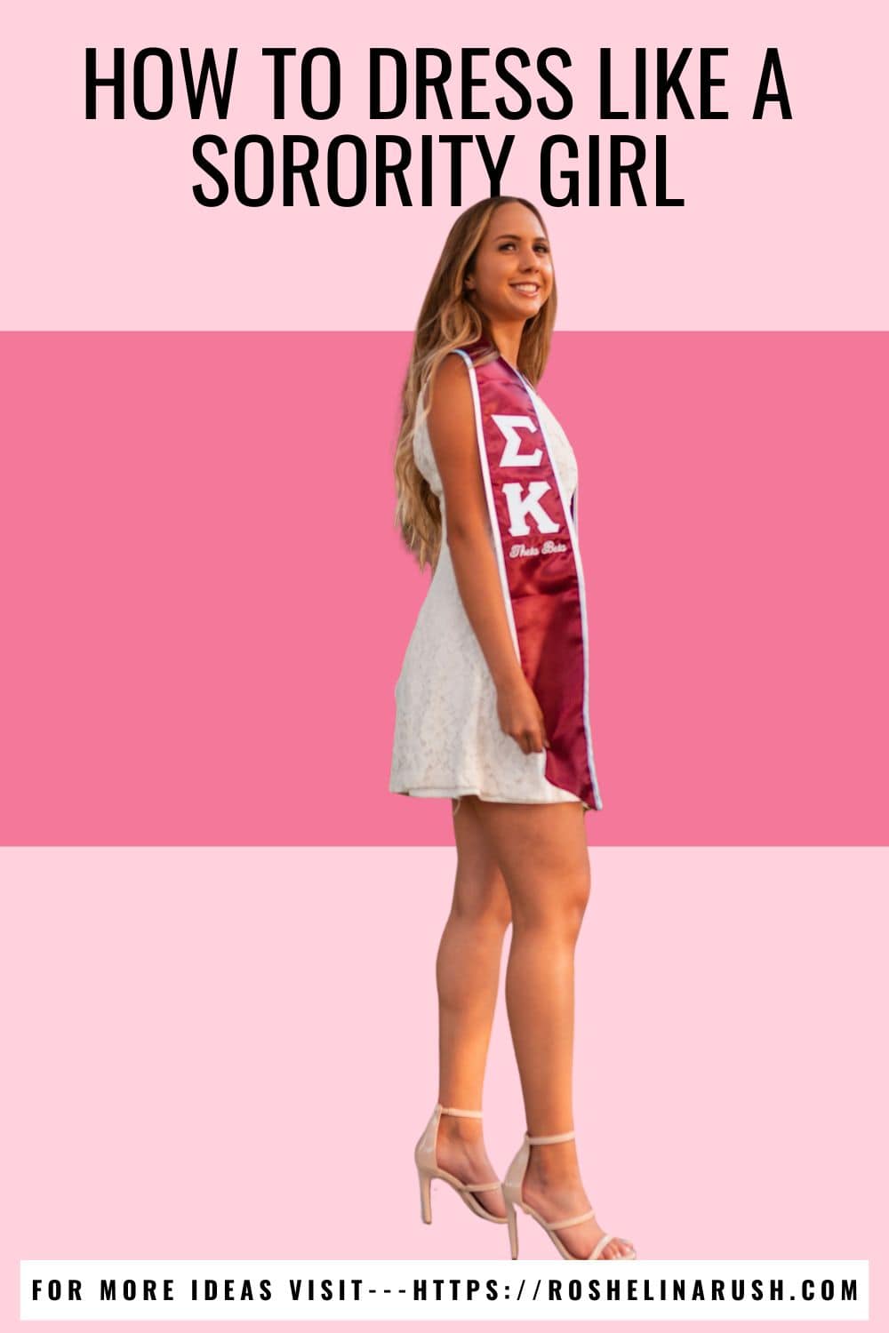 A young woman wearing a white lace dress paired with nude heels and a maroon Greek letter sash that reads "ΣΚ Theta Beta." This outfit showcases a classic example of how to dress like a sorority girl—polished, feminine, and ideal for events like bid day or graduation photos.